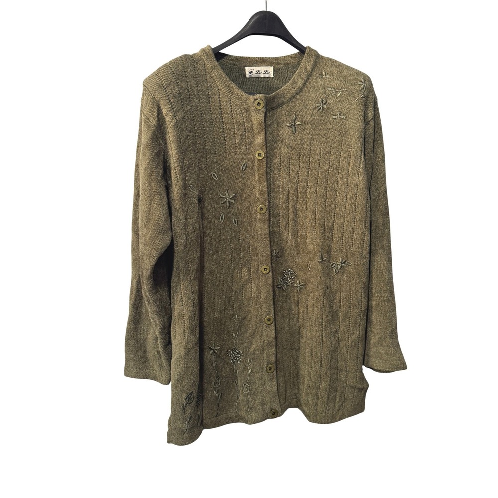 Lo Lo Vintage Olive Green Floral Embroidered Ribbed Knit Button Front Cardigan